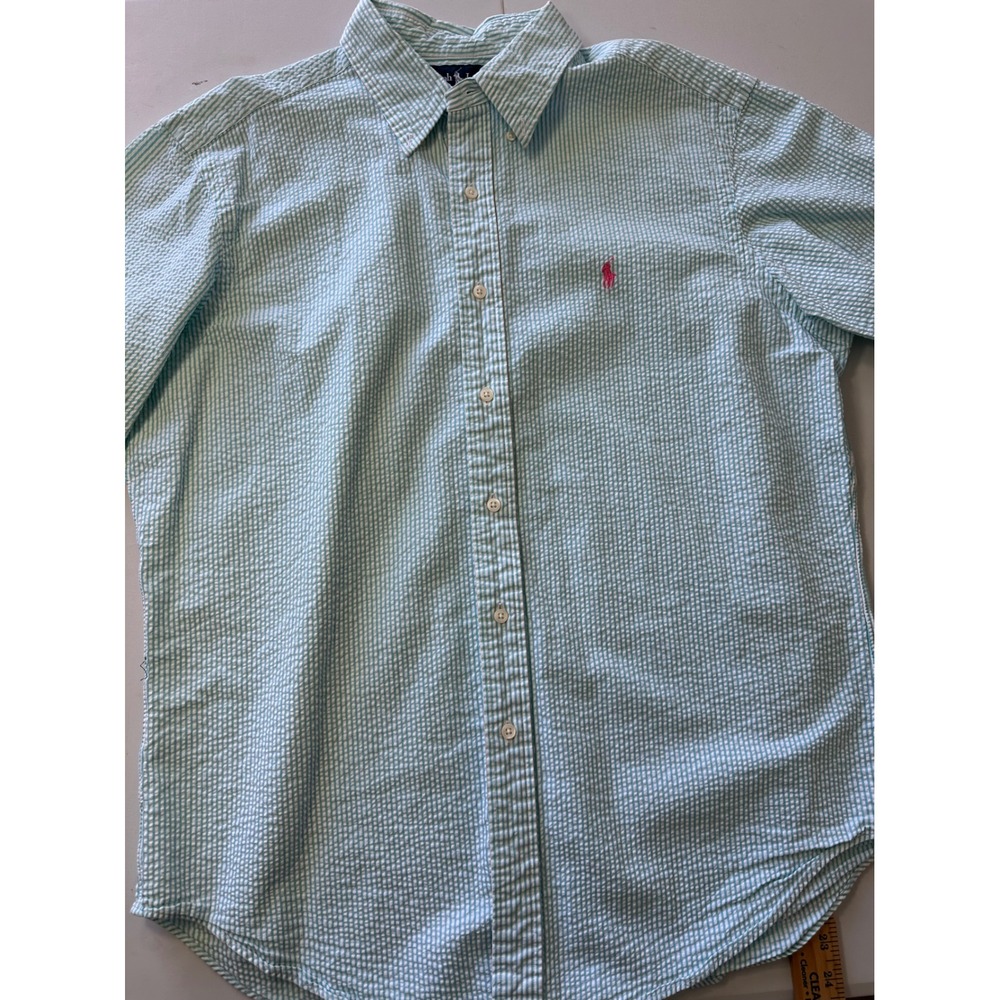 Polo Ralph Lauren Mens Large Blue White Seersucker Short Sleeve Button Down